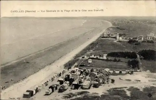 Ak Carolles Plage Jullouville Manche, Landschaftsaufnahme von Strand, Küste, Granville, Badehütte