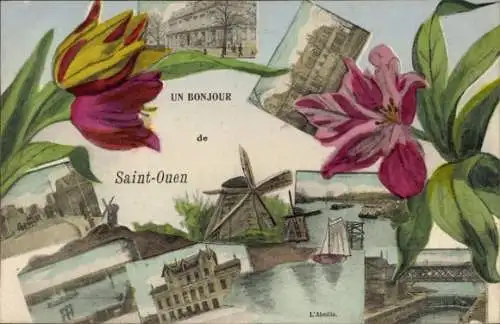 Ak Saint Ouen Seine Saint Denis, Teilansichten, Gebäude, Windmühle, Brücke, Blumen