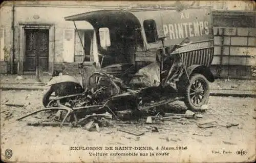 Ak Saint Denis Seine-Saint-Denis, zerstörtes Auto bei Explosion