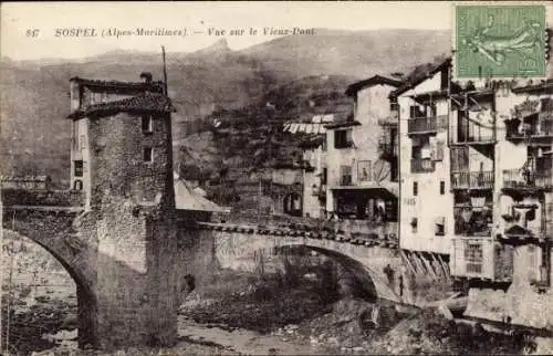 Ak Sospel Alpes Maritimes, Altes Bild des Vieux-Pont,  Alpen, Häuser, Brücke