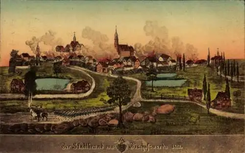Künstler Ak Bischofswerda im Kreis Bautzen, Der Stadtrand 1813, Brand, Soldatenmarsch