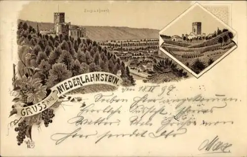 Litho Niederlahnstein Lahnstein am Rhein, Burg Lahneck
