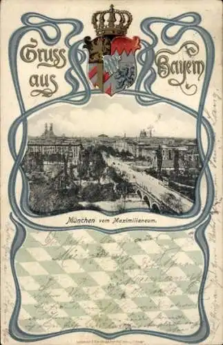 Jugendstil Passepartout Litho München, Stadt vom Maximilianeum gesehen, Wappen