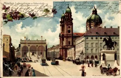 Litho München, Ludwigstraße mit Feldherrnhalle, Kirche