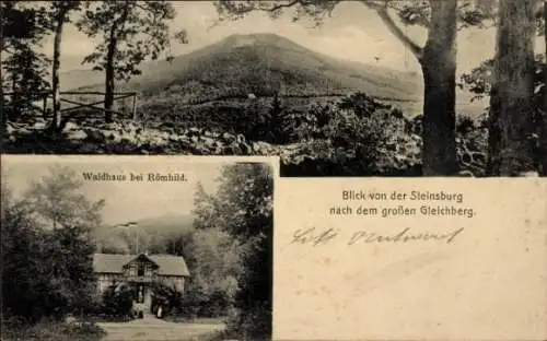 Ak Römhild in Thüringen, Blick von der Steinsburg nach dem großen Gleichen, Waldhaus
