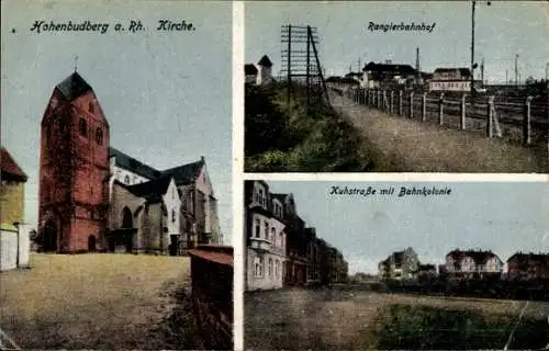 Ak Hohenbudberg Krefeld am Niederrhein, Hohenbudberg Kirche, Rangierbahnhof, Kuhstraße, Bahnkolon