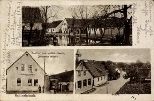 Ak Schmalzerode Lutherstadt Eisleben, Gasthof zum weißen Hirsch, Schule, Dorfteich