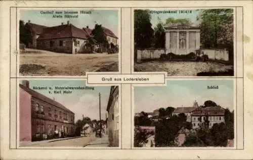 Ak Lodersleben Querfurt im Saalekreis, Gasthof, Kriegerdenkmal, Bäckerei, Schloss