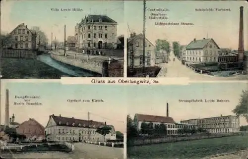 Ak Oberlungwitz in Sachsen, Dampfbrauerei, Villa Louis Hillig, Centralhalle, Gasthof zum Hirsch, 