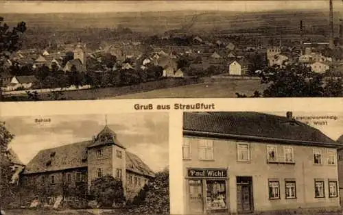 Ak Straußfurt in Thüringen, Kolonialwarenhandlung P. Wicht, Schloss, Gesamtansicht