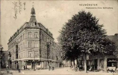 Ak Neumünster in Holstein, Vorderansicht eines n Gebäudes, Ecke Wasbeckerstr. und Schleusberg