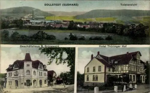 Ak Sollstedt in Thüringen, Totalansicht, Geschäftshaus B. Grünewald, Hotel Thüringer Hof