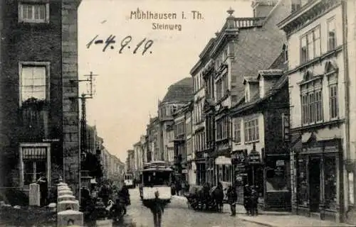Ak Mühlhausen in Thüringen, Straße Steinweg,  Architektur, Straßenbahn, datiert 1-4.9.19