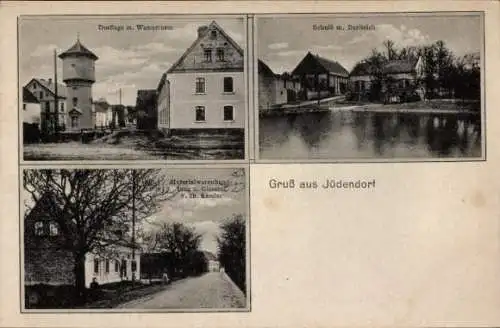 Ak Jüdendorf Steigra im Saalekreis,  Wasserturm, Schule, Dorfteich, Bäume, Grüße aus Jüdendorf