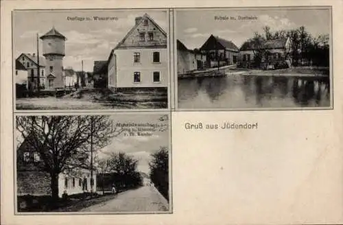 Ak Jüdendorf Steigra im Saalekreis, Dorf, Wasserturm, Geschäft, Schule, Teich
