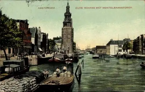 Ak Amsterdam Nordholland Niederlande, Amsterdams Kanal, Oude Schans, Montelbaanstoren, Historisch
