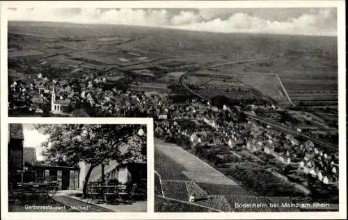 Ak Bodenheim in Rheinhessen, Luftaufnahme von Bodenheim, Gartenrestaurant 'Mailust', ländliche Um