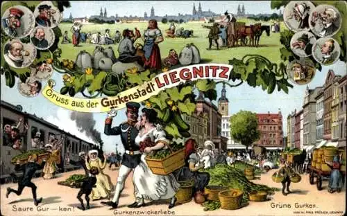 Ak Legnica Liegnitz Schlesien, Gurkenstadt, Grüne Gurken, Markt, Saure Gurken