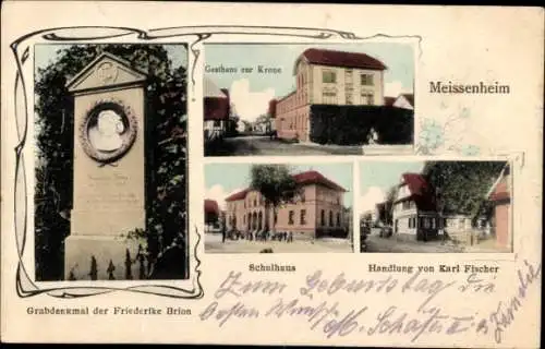 Ak Meißenheim am Rhein Baden, Grabdenkmal Friederike Brion, Gasthaus z. Krone, Geschäft Karl Fischer