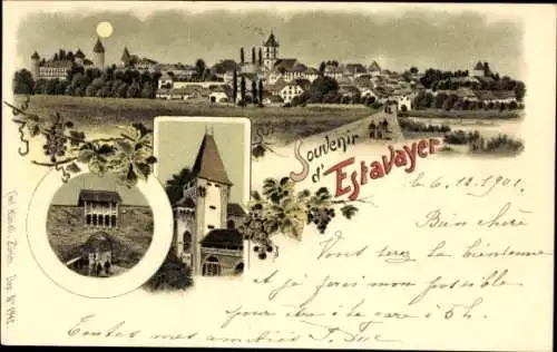 Litho Estavayer le Lac Kt. Freiburg Schweiz, Gesamtansicht, Kirche, Stadtmauer mit Tor