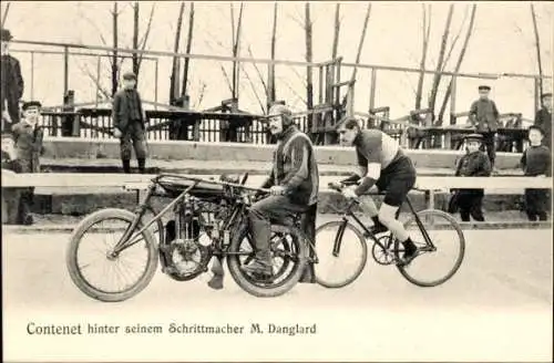 Ak Radrennfahrer Contenet, Schrittmacher M. Danglard, Motorrad, Radrennbahn