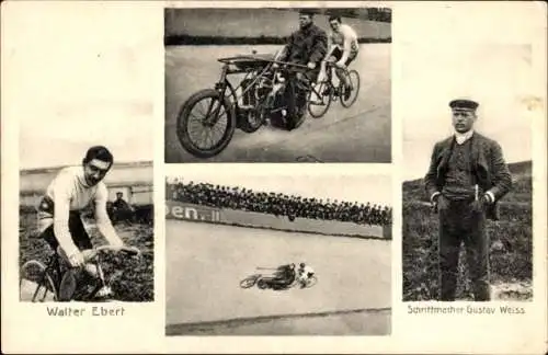 Ak Radrennfahrer Walter Ebert, Schrittmacher M. Gustav Weiss, Motorrad, Radrennbahn