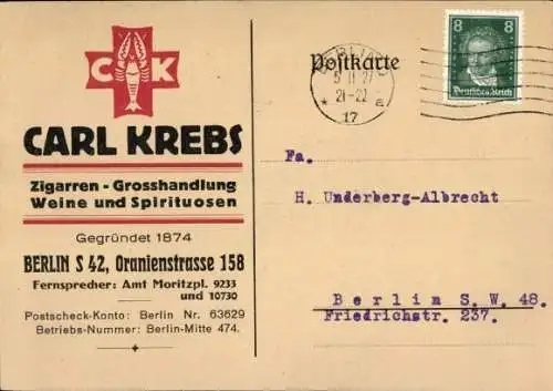 Ak Carl Krebs, Zigarren-Großhandlung, Weine und Spirituosen, Berlin Oranienstraße 158
