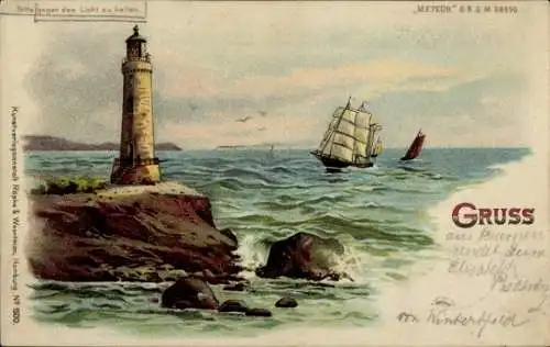 Halt gegen das Licht Litho Leuchtturm, Segelschiff, Meteor