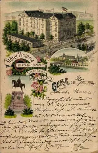 Litho Gera, Hotel Victoria am Central-Bahnhof, Inh. Rudolf Otto, Denkmal, Schloss Osterstein