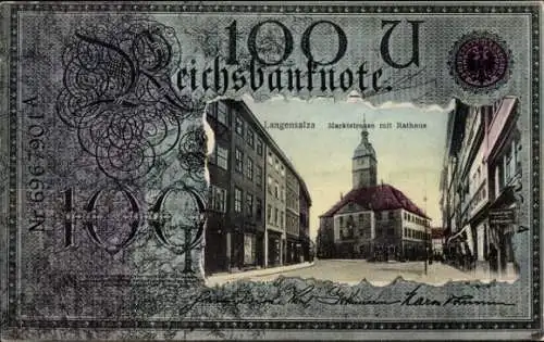 Passepartout Ak Bad Langensalza in Thüringen, Marktstraße, Rathaus, Reichsbanknote 100 Mark
