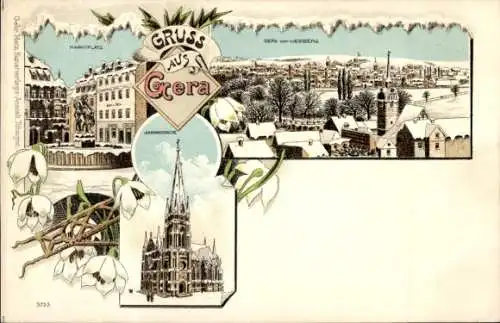 Winter Litho Gera in Thüringen, Marktplatz, Brunnen, Panorama vom Weinberg aus, Kirche