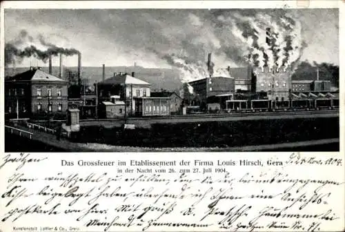 Ak Gera in Thüringen, Etablissement d. Firma Louis Hirsch, Großfeuer 26.-27.07.1904