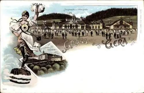 Litho Gera Thüringen, Hauptwache und Schießhalle, Schloss Osterstein, Schützenfest