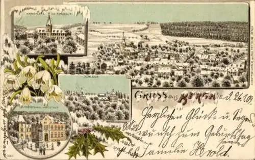 Winter Litho Berga an der Elster Thüringen, Marktplatz, Rathaus, Schloss, Postamt, Gesamtansicht