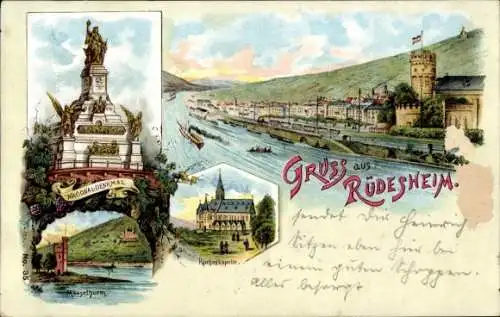 Litho Rüdesheim am Rhein, Nationaldenkmal, Mäuseturm, Rochuskapelle