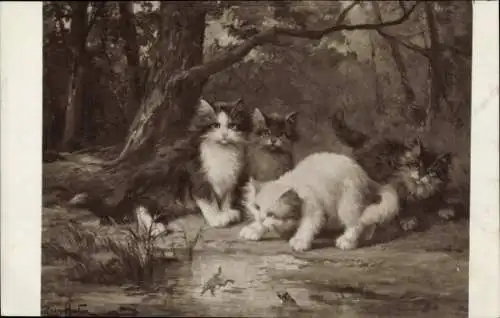 Künstler Ak Huber, Leon, Froschteich, Junge Katzen