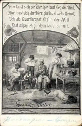 Künstler Ak Russische Kultur, Hier laust sich der Vater, hier laust sich das Kind
