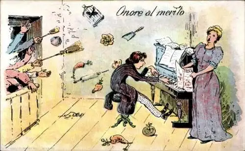 Ak Onore al merito, Frau singt, Humor
