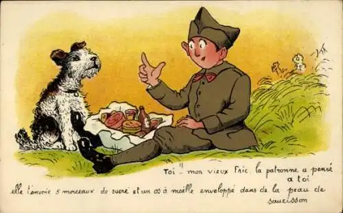 Ak Soldat redet mit Terrier, Essen