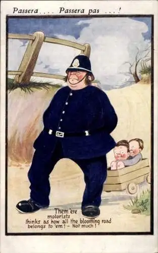 Ak Polizist hält zwei Jungen in einem Karren an, Humor