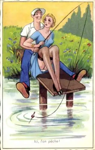 Ak Mann und Frau beim Angeln auf einem Steg, Liebespaar