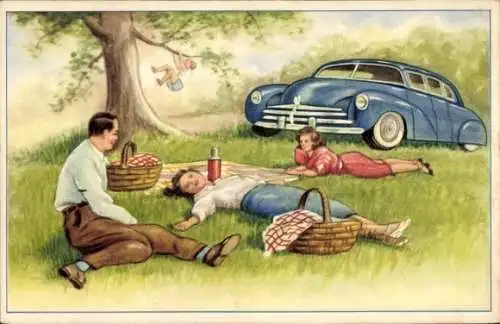 Künstler Ak Picknick-Szene, Auto