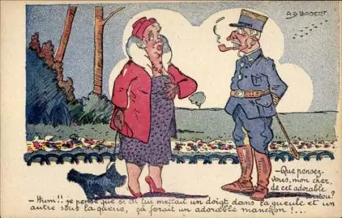 Künstler Ak A. G. Badert, französischer Soldat mit Pfeife, Dame mit Hund