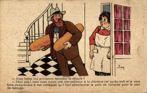 Ak Paris I Louvre, Mann mit Hut und Stock kauft Brot.