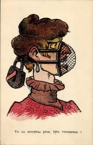 Ak Frau mit einem Maulkorb