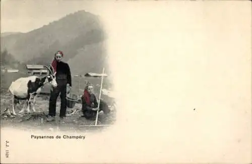 Ak Champéry Kanton Wallis, Schweizerische Tracht, Ziegen