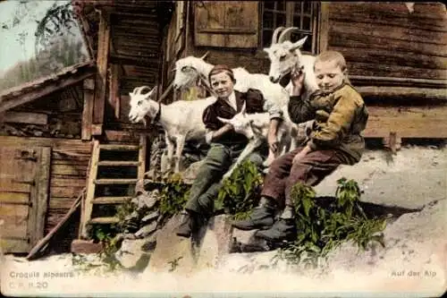 Ak Alpen, Schweizerische Tracht, Zwei Jungen mit Ziegen