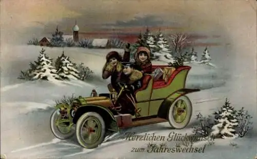 Ak Glückwunsch Neujahr, Kinder fahren Auto