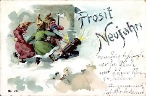 Litho Glückwunsch Neujahr, Zwerge, Geschütz