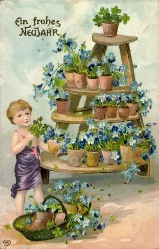 Ak Frohes Neujahr, Kind, Veilchenblumentöpfe
